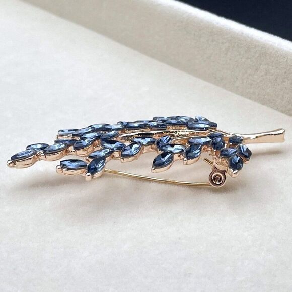 Rose Gold with Blue Sapphire Crystal Tree Branch with Leaves Pin Back Brooch - Picture 5 of 9